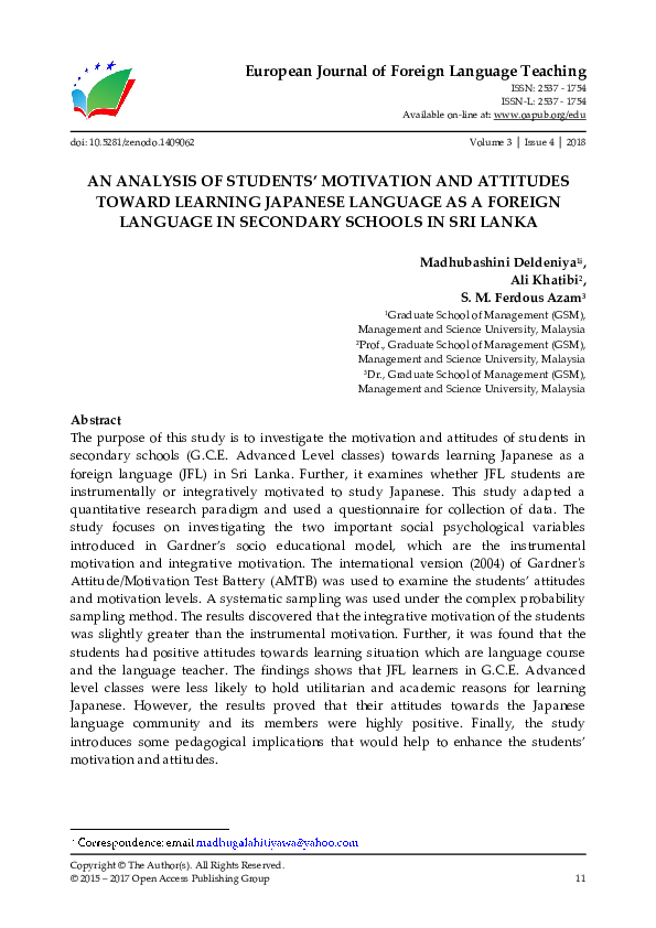 (PDF) An Analysis of Students' Motivation and Attitudes Toward Learning ...
