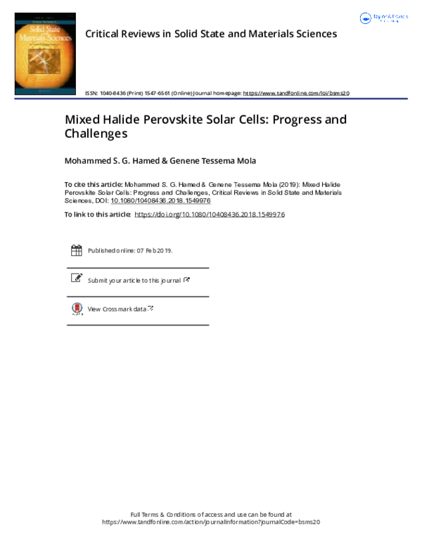 (PDF) Mixed Halide Perovskite Solar Cells: Progress and Challenges