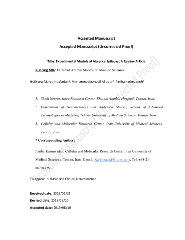 (PDF) Experimental Models of Absence Epilepsy