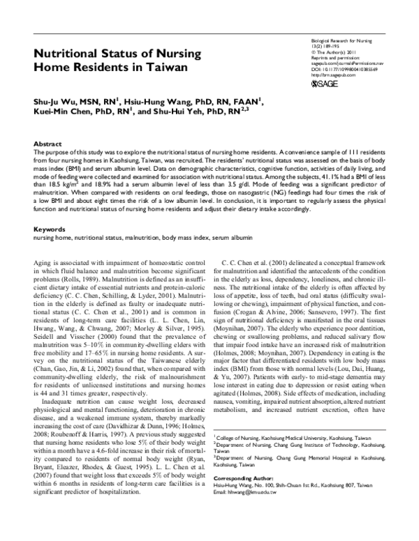 (PDF) Nutritional Status of Nursing Home Residents in Taiwan