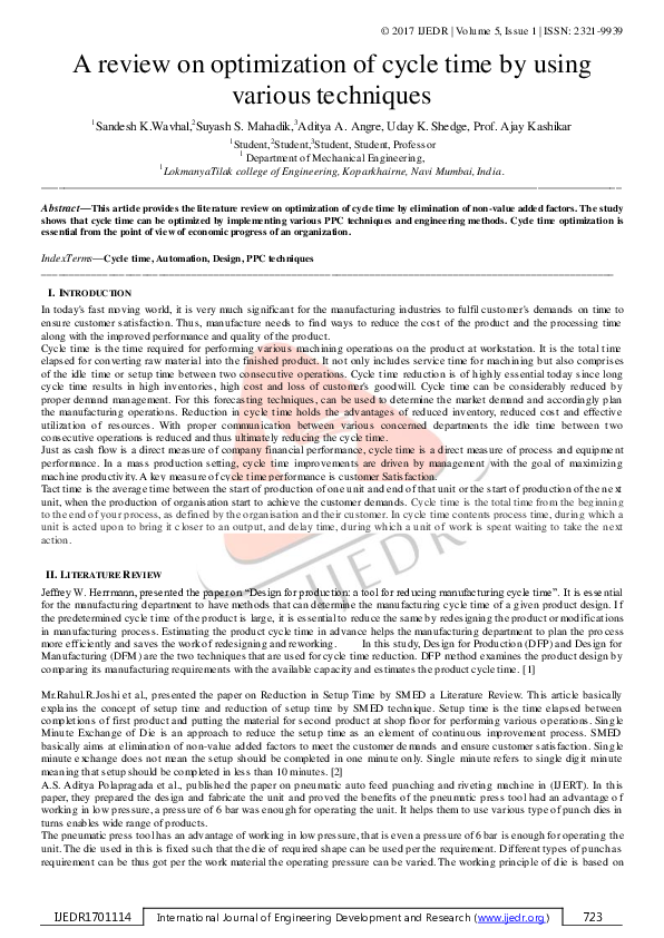(PDF) A review on optimization of cycle time by using various techniques