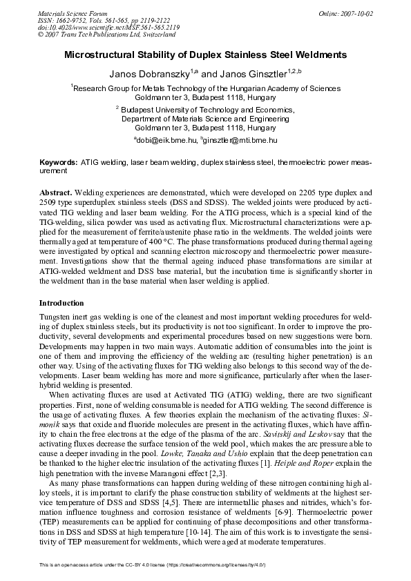 (PDF) Microstructural Stability of Duplex Stainless Steel Weldments