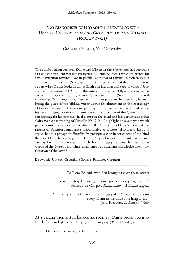 (PDF) Lo discorrer di Dio sovra quest'acque: Dante, Ulysses, and the ...
