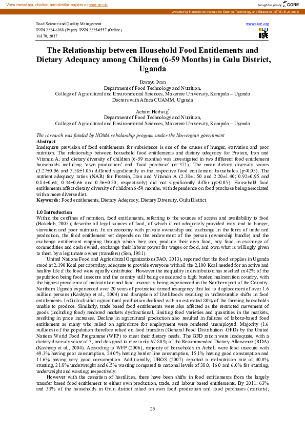 (PDF) The Relationship between Household Food Entitlements and Dietary ...