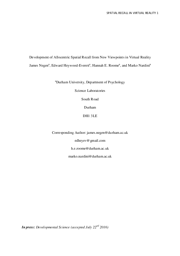 (PDF) Development of allocentric spatial recall from new viewpoints in ...