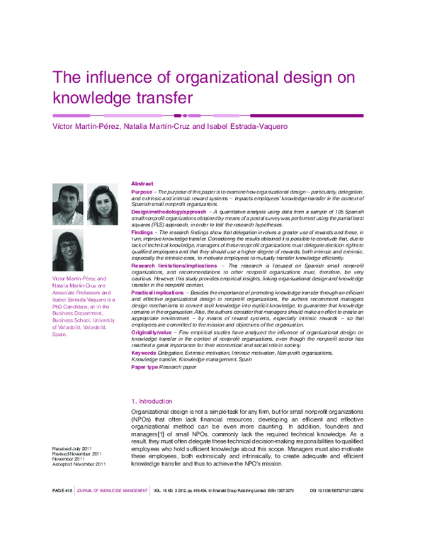 (PDF) The influence of organizational design on knowledge transfer