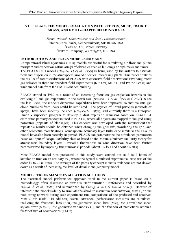 (PDF) Flacs CFD Model Evaluation with Kit Fox , Must , Prairie Grass ...