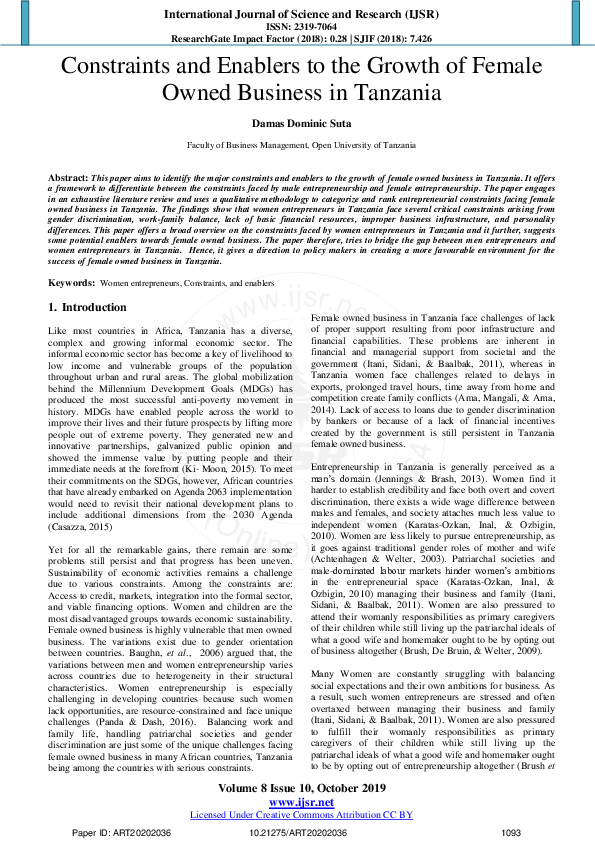 (PDF) Constraints and Enablers to the Growth of Female Owned Business ...