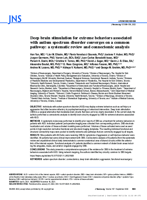 (PDF) Deep brain stimulation for extreme behaviors associated with ...