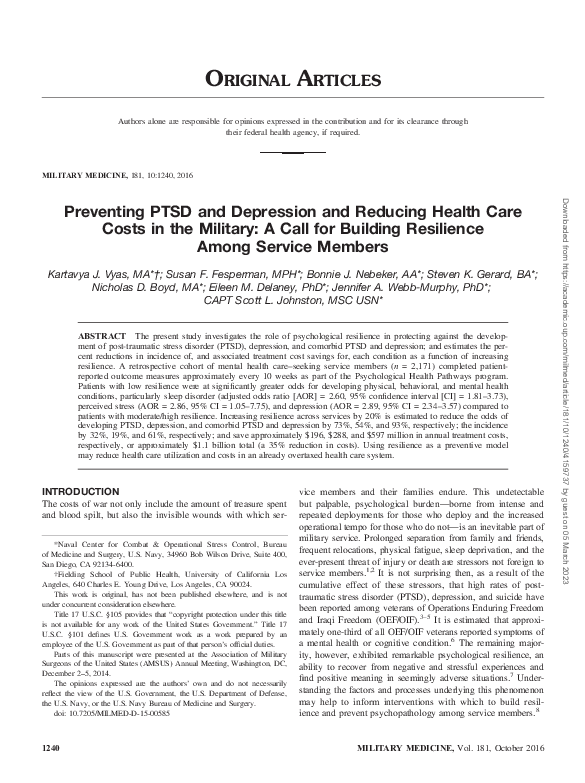(PDF) Preventing PTSD and Depression and Reducing Health Care Costs in ...