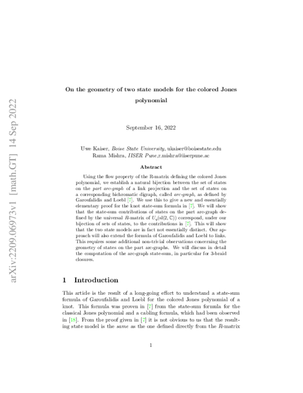 (PDF) On the geometry of two state models for the colored Jones polynomial
