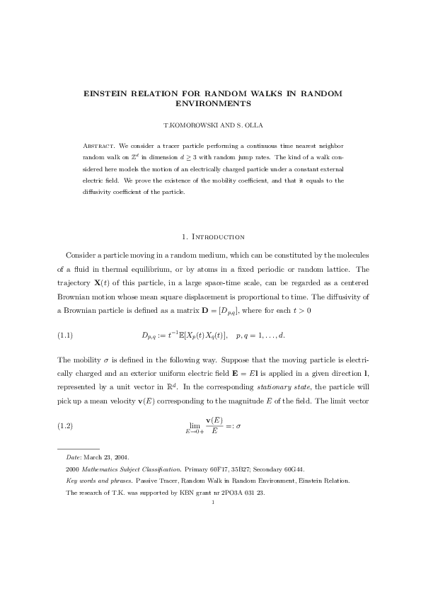 (PDF) Einstein relation for random walks in random environments