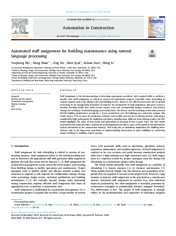 (PDF) Automated staff assignment for building maintenance using natural ...