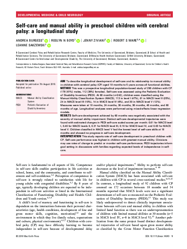 (PDF) Self‐care and manual ability in preschool children with cerebral ...