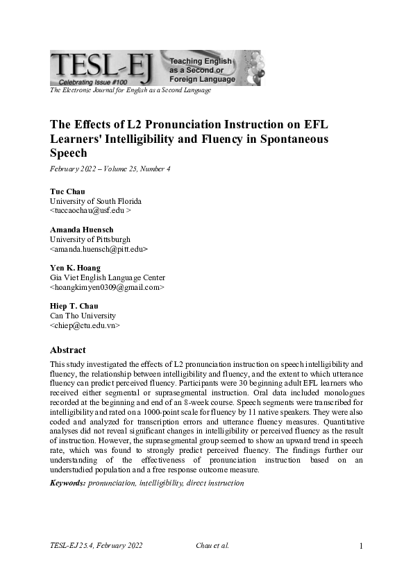 (PDF) The Effects of L2 Pronunciation Instruction on EFL Learners ...
