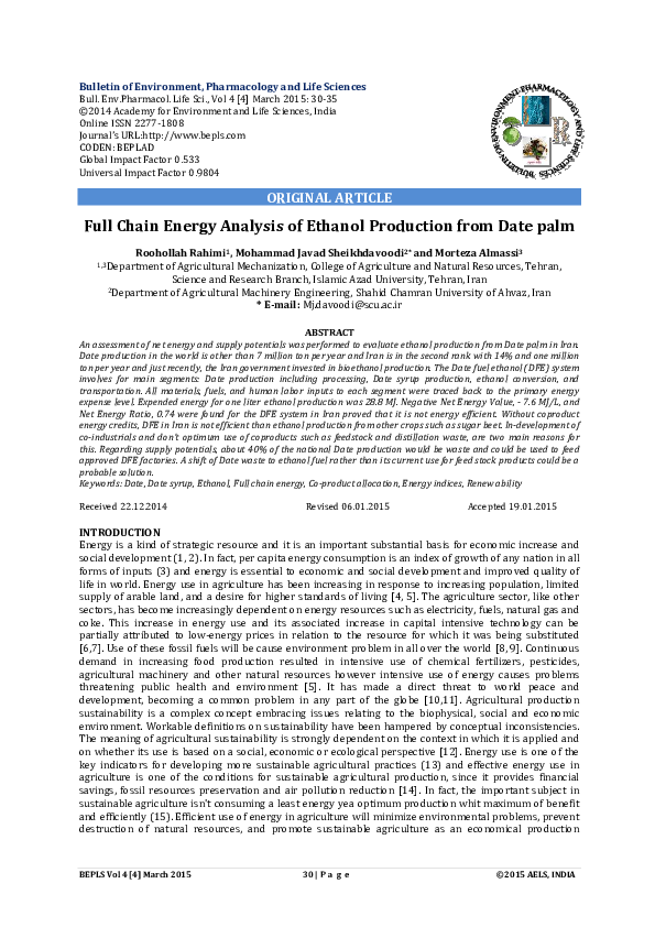 (PDF) Full Chain Energy Analysis of Ethanol Production from Date palm