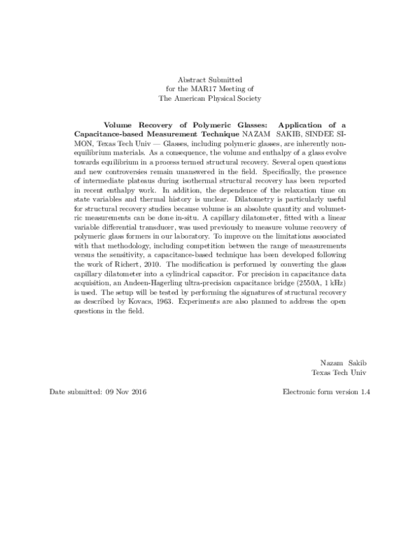 (PDF) Volume Recovery of Polymeric Glasses: Application of a ...