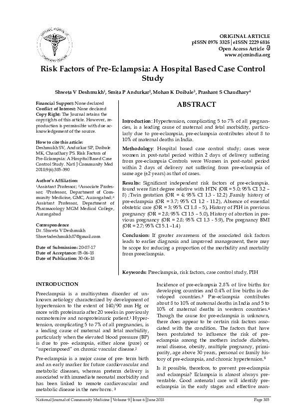 (PDF) Risk Factors of Pre-Eclampsia: A Hospital Based Case Control Study