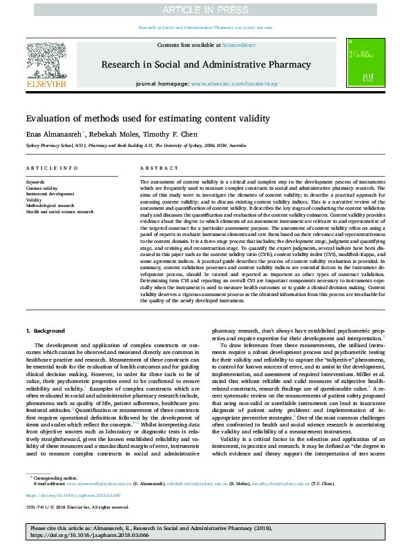 (PDF) Evaluation of methods used for estimating content validity