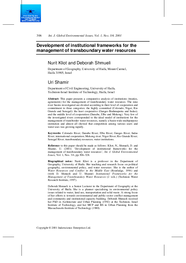 (PDF) Institutional frameworks for the management of transboundary ...