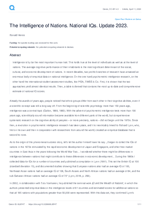(PDF) The Intelligence of Nations. National IQs. Update 2023