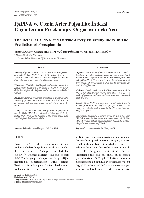 (PDF) The Role Of PAPP-A and Uterine Artery Pulsatility Index In The ...