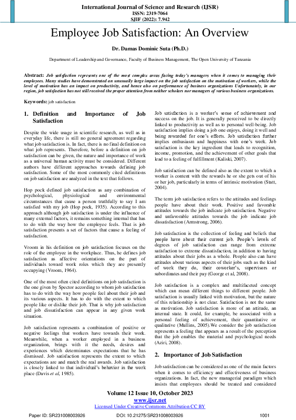 (PDF) Employee Job Satisfaction: An Overview