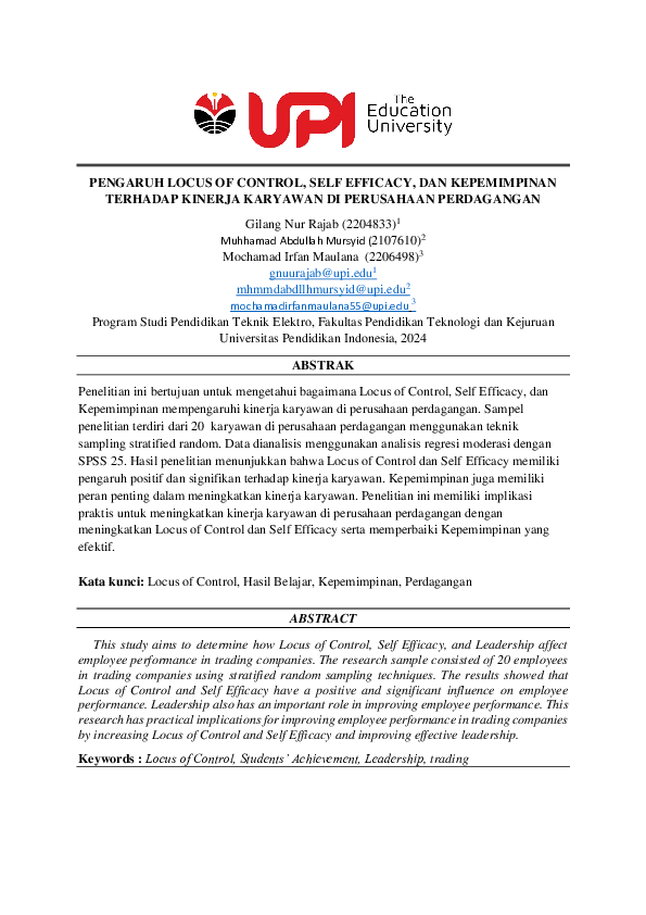 (PDF) PENGARUH LOCUS OF CONTROL, SELF EFFICACY, DAN KEPEMIMPINAN ...