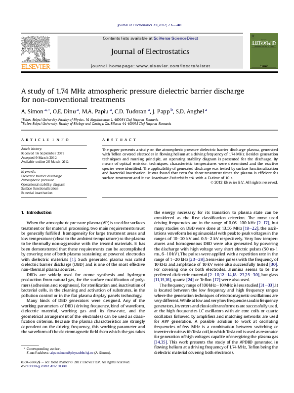 (PDF) A study of 1.74 MHz atmospheric pressure dielectric barrier ...