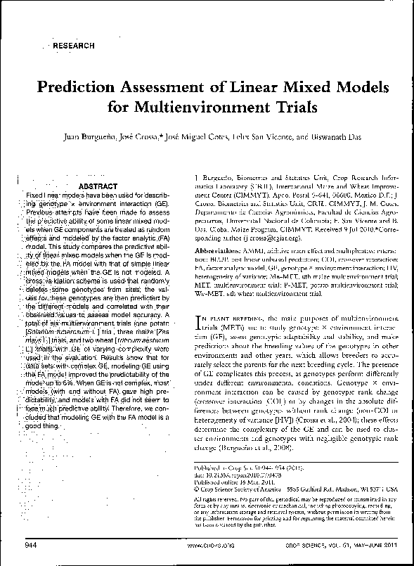 (PDF) Prediction Assessment of Linear Mixed Models for Multienvironment ...