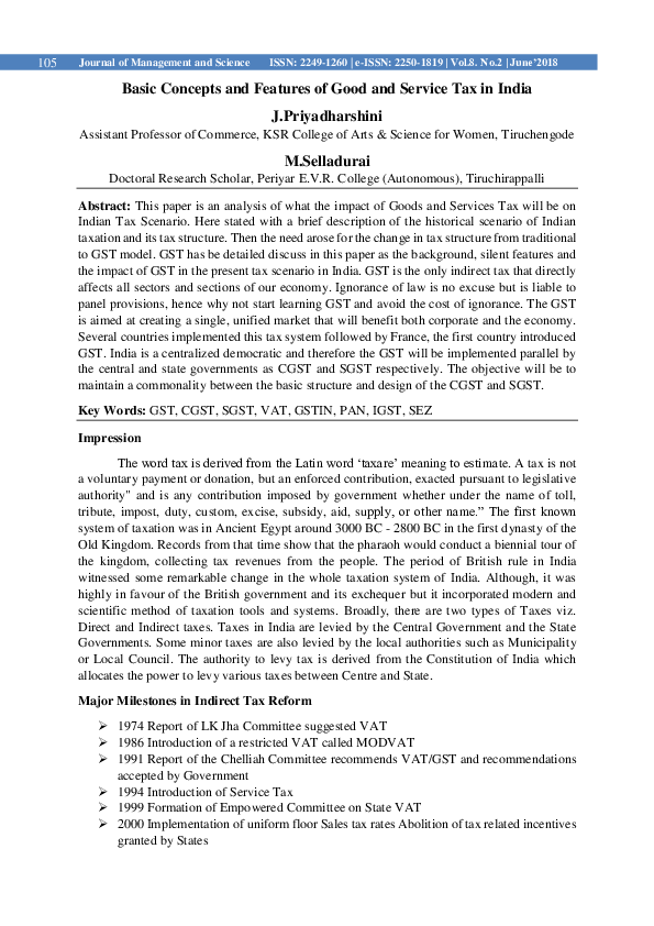 (PDF) Basic Concepts and Features of Good and Service Tax In India