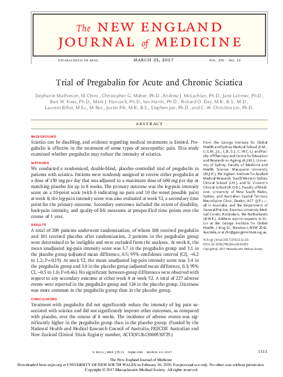 (PDF) Trial of Pregabalin for Acute and Chronic Sciatica