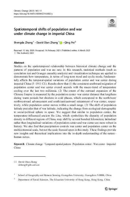 (PDF) Spatiotemporal shifts of population and war under climate change ...