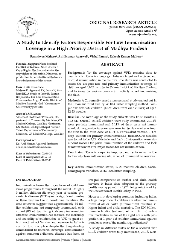 (PDF) A Study to Identify Factors Responsible For Low Immunization ...