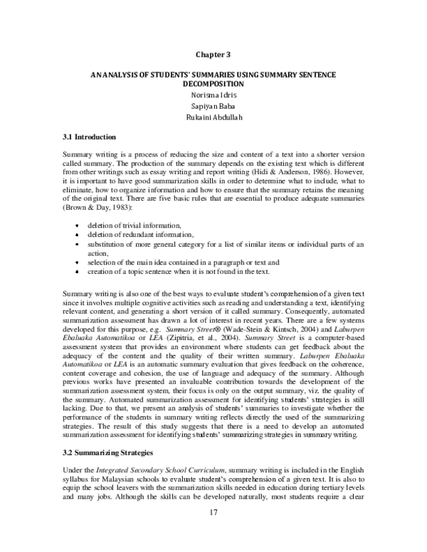 (PDF) An Analysis of Students Summaries using Summary Sentence ...