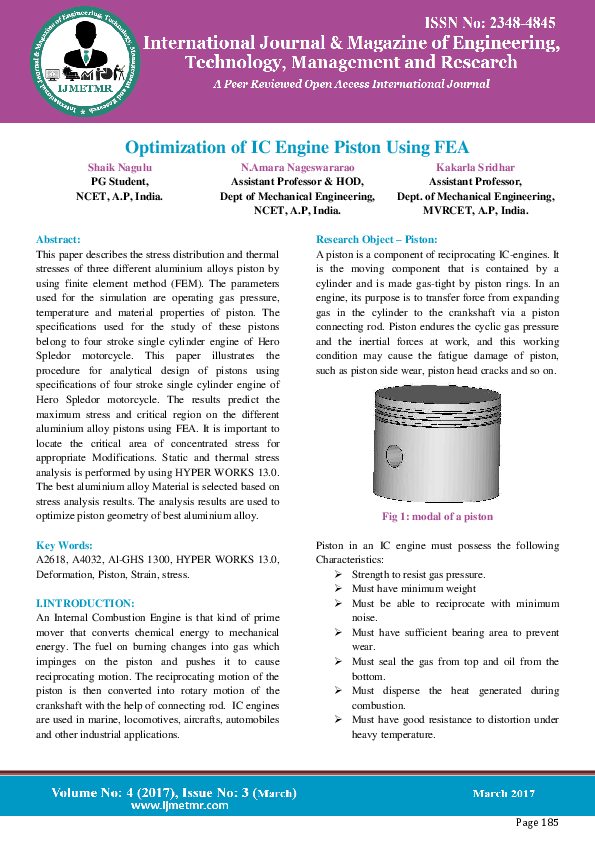 (PDF) Optimization of IC Engine Piston Using FEA