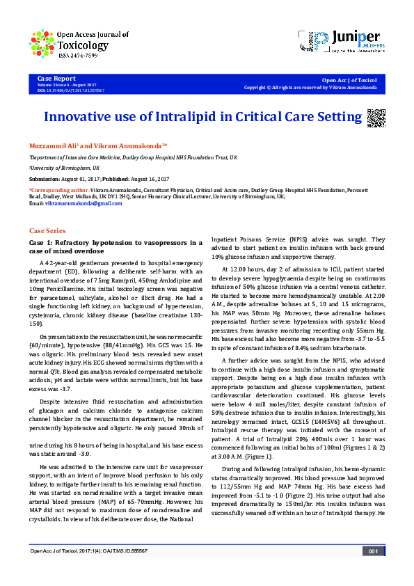 (PDF) Innovative use of Intralipid in Critical Care Setting