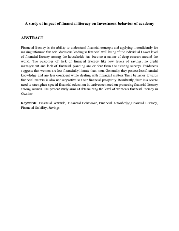(PDF) A study of impact of financial literacy on Investment behavior of ...