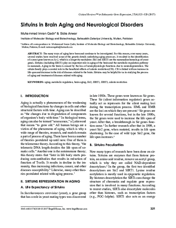 (PDF) Sirtuins in Brain Aging and Neurological Disorders