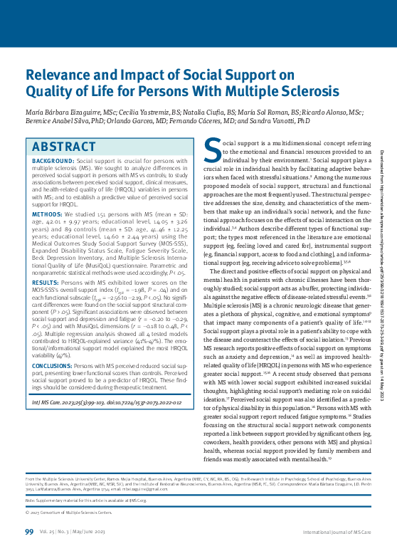 (PDF) Relevance and Impact of Social Support on Quality of Life for ...