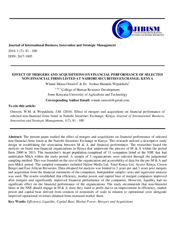 (PDF) Effect of Mergers and Acquisitions on Financial Performance of ...