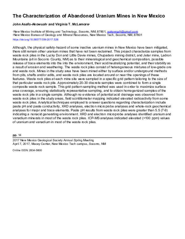(PDF) The Characterization of Abandoned Uranium Mines in New Mexico
