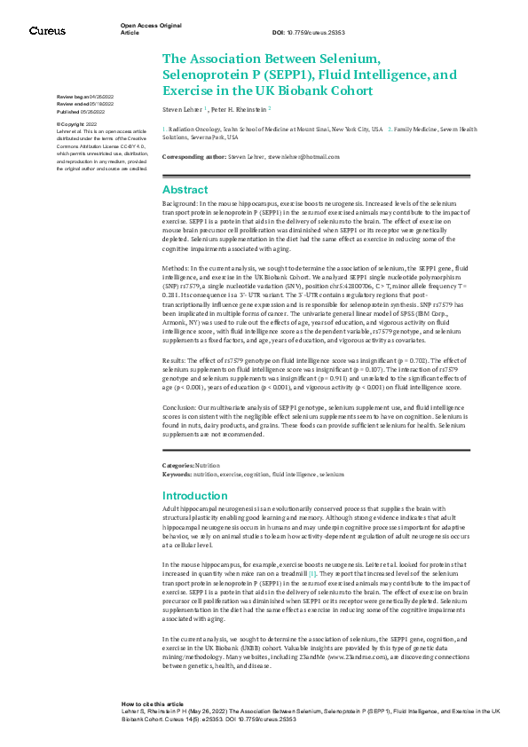 (PDF) The Association Between Selenium, Selenoprotein P (SEPP1), Fluid ...