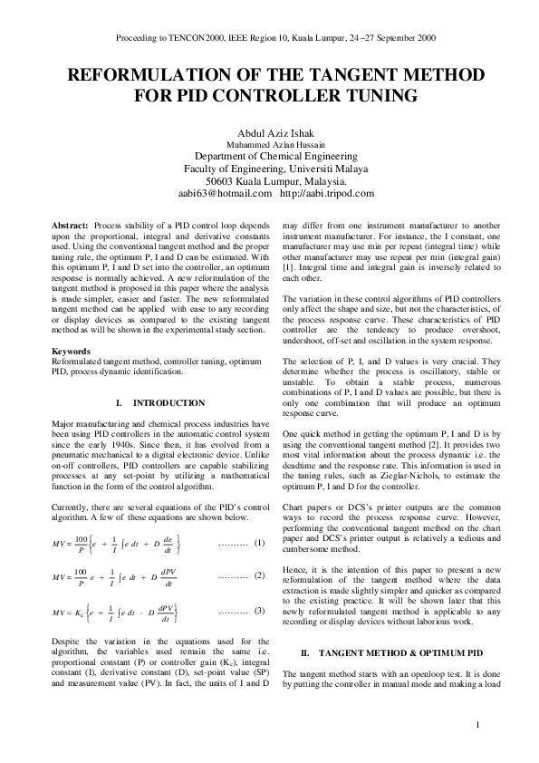 (PDF) Reformulation of the tangent method for PID controller tuning