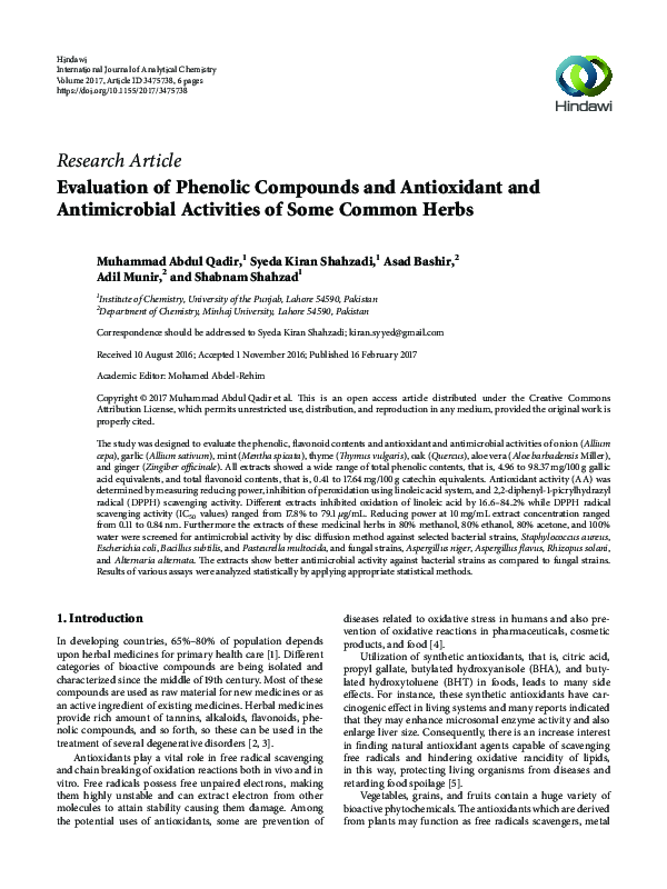 (PDF) Evaluation of Phenolic Compounds and Antioxidant and ...