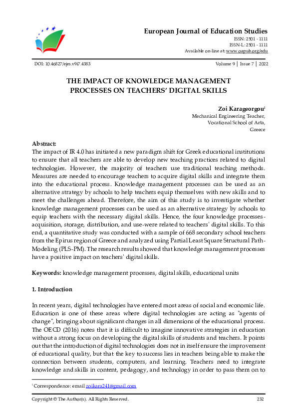 (PDF) The Impact of Knowledge Management Processes on Teachers’ Digital ...