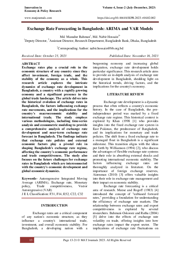 (PDF) Exchange Rate Forecasting in Bangladesh: ARIMA and VAR Models