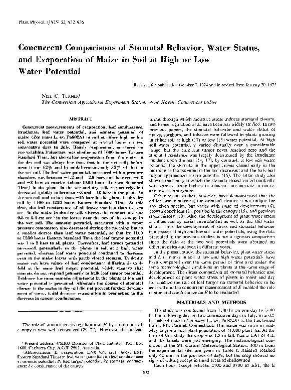 (PDF) Concurrent Comparisons of Stomatal Behavior, Water Status, and ...