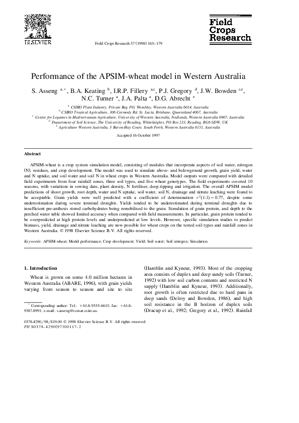 (PDF) Performance of the APSIM-wheat model in Western Australia