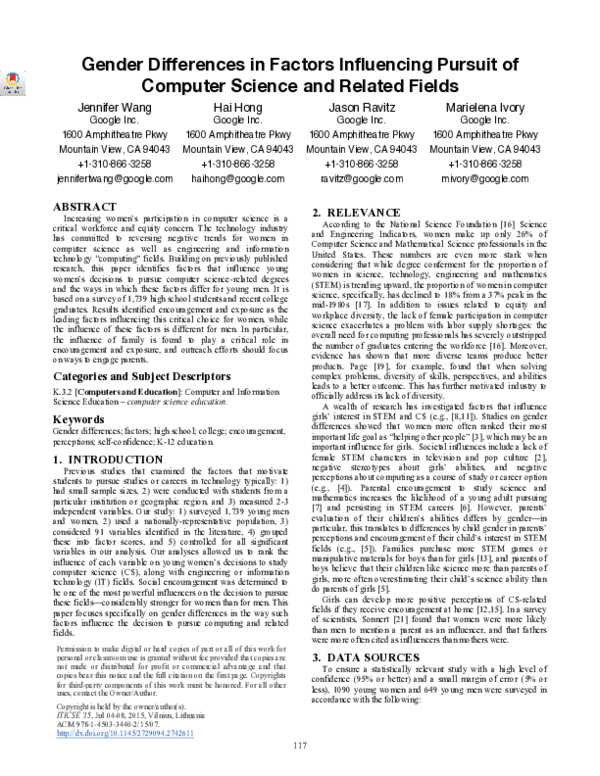 (PDF) Gender Differences in Factors Influencing Pursuit of Computer ...